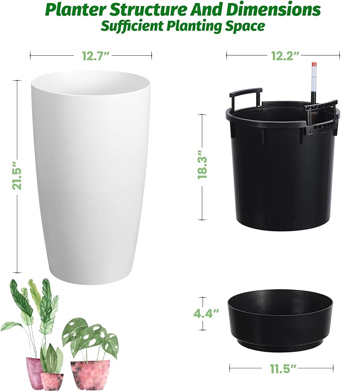 22" Tall Round Planter Set of 2, Self Watering Pots for Indoor Plants, Large Flower Pot Outdoor with Built-in Drainage and a Water Level Monitor, for Patio, Porch, Living Room, or Home Office, White-Ruum Studio Home