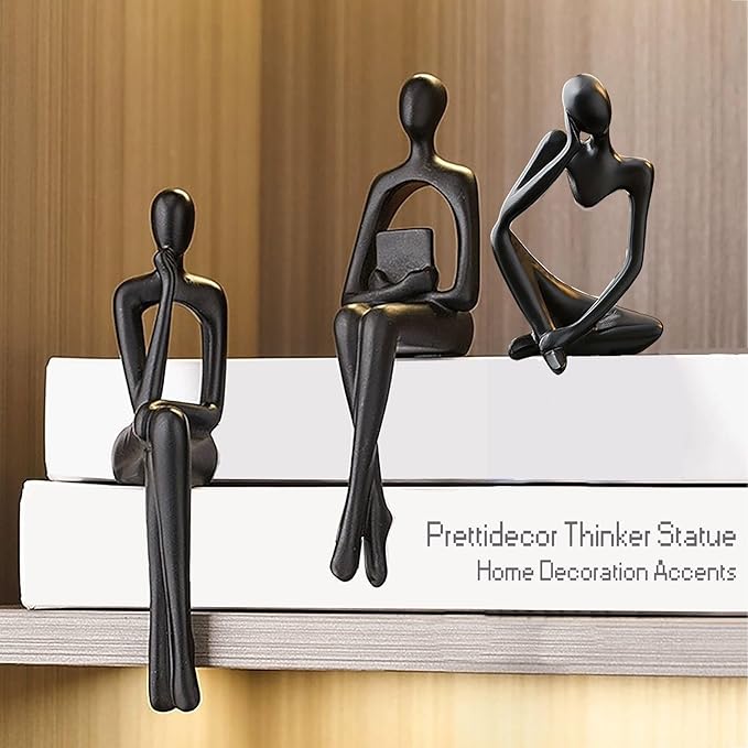 Home Decor Thinker Statue Accents, Set of 3 Thinker Sculptures Office Decor Modern Abstract Resin Decoration on Shelf Table Desk for Living Room Office Bedroom (Small Black)-Ruum Studio Home