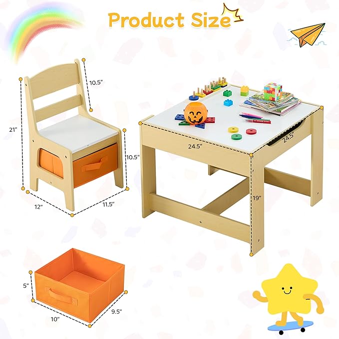 Kids Table and Chair Set, 3 in 1 Wooden Activity Table with Detachable Tabletop, Toddler Table and Chair Set with Storage Drawer, Kids Play Table for Children Art, Craft, Eating, Learning-Ruum Studio Home