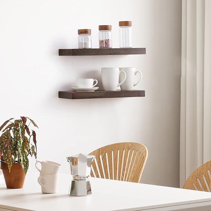 Fun Memories Handcrafted European Pine Floating Shelves Wall Mounted Set of 2 - Natural Rustic Wooden Wall Shelf - Storage Shelf for Living Room Farmhouse - Dark Walnut - 16Inch-Ruum Studio Home