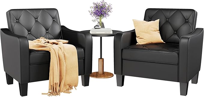 STHOUYN Living Room Chairs Black Leather Accent Chairs Set of 2, Waiting Room Arm Chairs, Reading Chairs for Bedroom Comfy Club Chair Tufted, Office Small Space (2, Black)-Ruum Studio Home