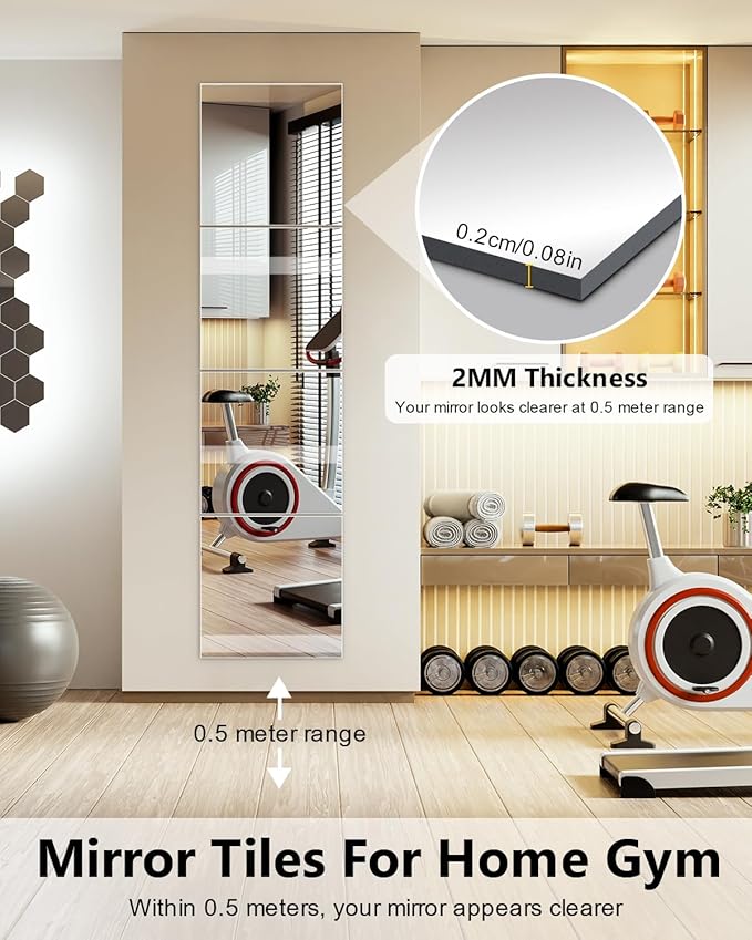 Full Length Wall Mirror Tiles, 12'' x 12'' x 4PCS, Acrylic Unbreakable Full Body Mirror for Bedroom Squares Shatterproof Mirror Sheets Wall Mounted for Home Gym Door Plexiglass Mirrors Safe for Kids-Ruum Studio Home