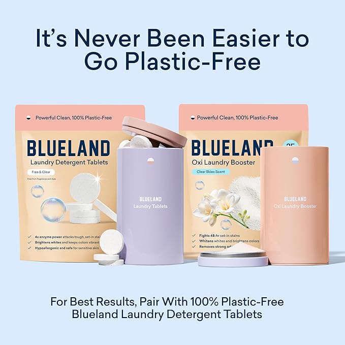 BLUELAND Oxi Laundry Booster Powder with Tin, Starter Set, Clear Skies Scent, 25 Loads, 17.6 oz, Plastic-Free, Eco Friendly, Oxy Cleaner, Stain Remover-Ruum Studio Home