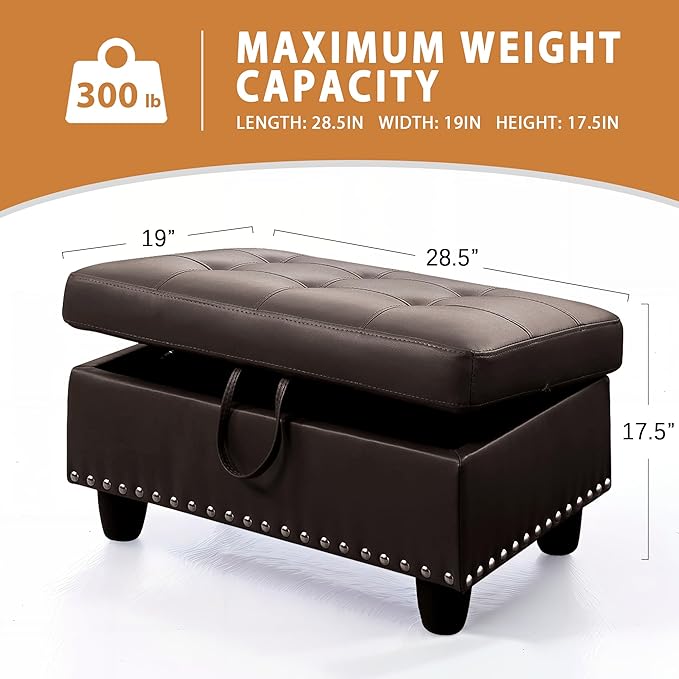 Ottoman Rectangular Storage Ottoman Bench, Faux Leather Footrest, Coffee Table, Stool Footstool with Hinged Lid for Living Room, Bedroom, Entryway, Brown, 28.5"x19"x17.5"-Ruum Studio Home