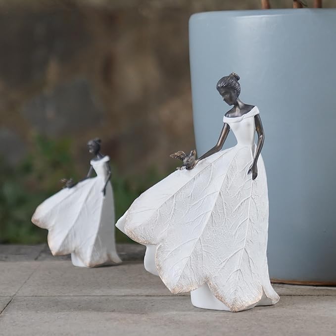Guichifun Fairy Statue Collection Home Decoration - White Leaf Angel Girls with Bird Resin Home Decor for Outdoor or Indoor Outdoor Yard Decorations Figurines Retirement Gift 8.5 x 5.25 x 12 Inch-Ruum Studio Home