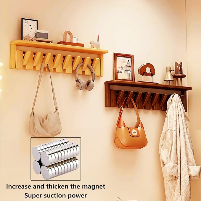 Wall Mounted Piano Key Hanger | Flip Style Hook | Entrance Wall Art Hook, Made of Oak Wood (3 Times Painted, 4 Times Polished) (Tray Walnut, 4Hooks)-Ruum Studio Home