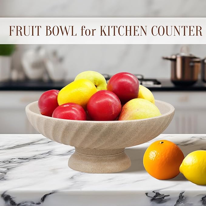 Large Resin Pedestal Decorative Bowl - Modern Fruit Bowl for Kitchen Counter - Handicraft Bowls for Home Decor - Key Bowl for Entry Table,Artificial Stone Beige-Ruum Studio Home