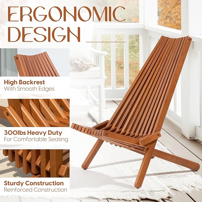 IDZO Elina FSC Eucalyptus Tamarack Chairs, 22.5x31.5x36 in, Weatherproof Wood, Lightweight 19 lb Design, Folding High-Backrest, Natural Finish – Ideal for Patio Furniture Set or Outdoor Furniture-Ruum Studio Home