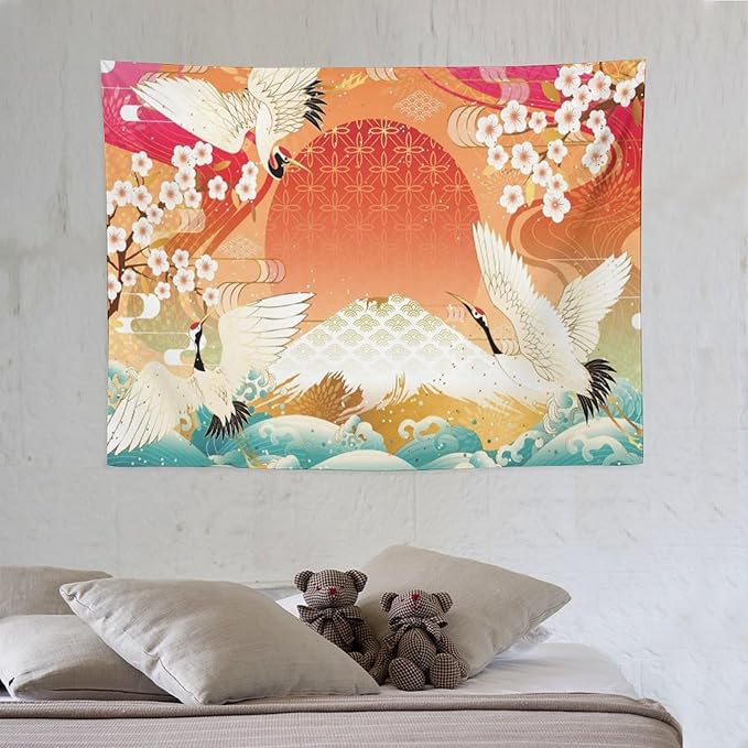 HZOHNAGO Japanese Tapestry Cherry Blossom Crane Sea Wave Fuji Mountain Red Sun Pattern Printed Wall Tapestry Painting Wall Hanging for Bedroom Living Room Dorm 40" W x 30" H-Ruum Studio Home