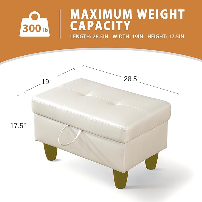 Ottoman Rectangular Storage Ottoman Bench, Faux Leather Footrest, Coffee Table, Stool Footstool with Hinged Lid for Living Room, Bedroom, Entryway, Pearl White, 28.5"x19"x17.5"-Ruum Studio Home