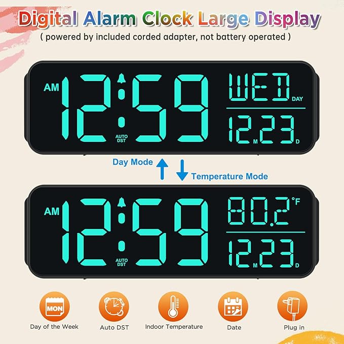 Peakeep Digital Alarm Clock for Bedrooms, Date Day of Week Large Display Numbers 6 Brightness Dimmer, 5 Volume Loud for Heavy Sleepers, 8 RGB Colors Electric Desk Clock Battery Backup, Auto DST-Ruum Studio Home