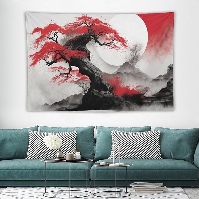 Cherry Blossoms Tapestry, Japanese Red Landscape Asian Watercolor Abstract Art, Bedroom Living Room Decor 90"x60"-Ruum Studio Home