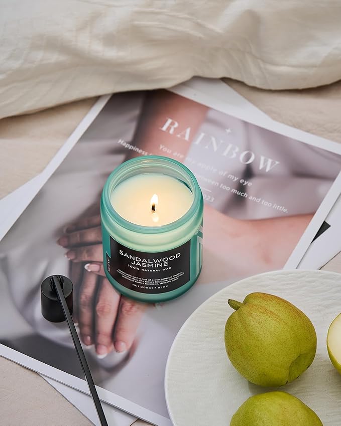 M&SENSE Sandalwood Jasmine Scented Candles, Natural Soy Wax Best Smelling Candle 7.05oz 50 Hour Burning，Floral Non Toxic Single Cotton Wick Aromatherapy Gifts for Women Friend-Ruum Studio Home