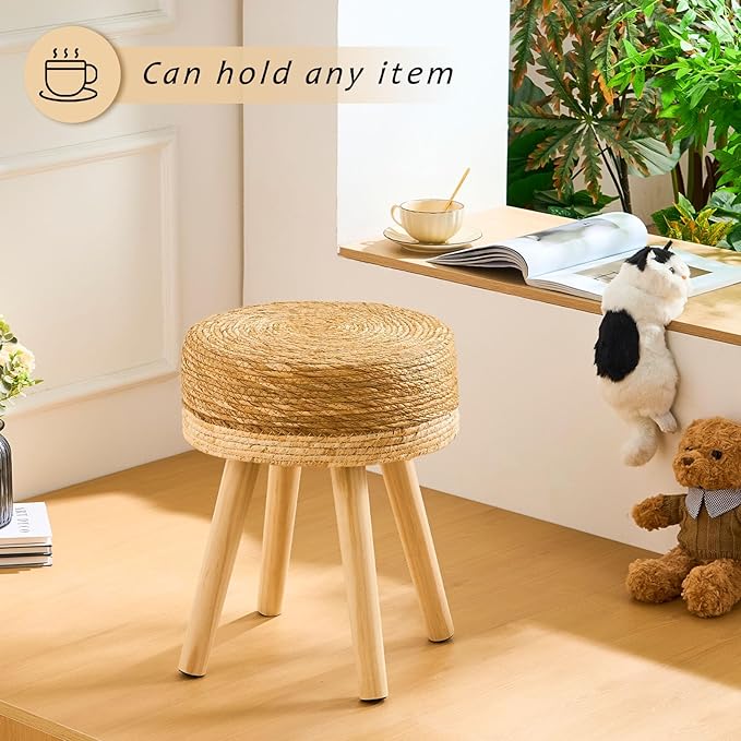 Handwoven Outdoor Ottoman, Water Hyacinth Pouf Round Patio Footstool with Wood Legs, 17-Inch Multipurpose Vanity Stool, Dining Chair, Patio Footrest for Balcony and Garden, White-Ruum Studio Home