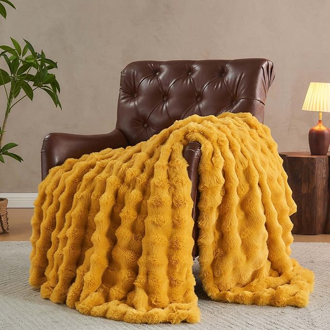 Lotus Karen Faux Fur Throw Blanket Ginger Yellow - Big Bubble Rabbit Fluff Blanket for Couch Bed Sofa,Softest Fluffy Fuzzy Cozy Blanket,Thick Furry Plush Shaggy Warm Blankets for Women,50x60 Inches-Ruum Studio Home