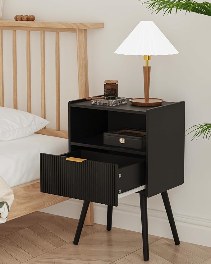 Nightstand,Modern Bedside Table with Storage Drawer and Open Wood Shelf, Accent Night Stand with Solid Wood Legs for Living Room, Bedroom and Small Spaces,Easy Assembly (Black)-Ruum Studio Home