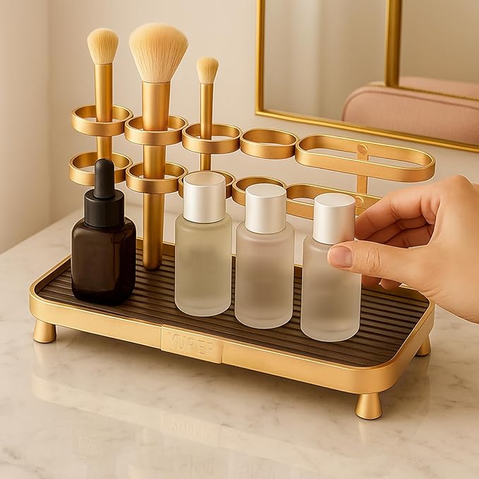 YUPER Bathroom Counter Organizer, Bathroom Organizers with Toothbrush Holder, Makeup Storage Shelf Vanity Tray Perfume Organizer, Bedroom Bar Corner Counter Storage Sink Shelf Gold-Ruum Studio Home