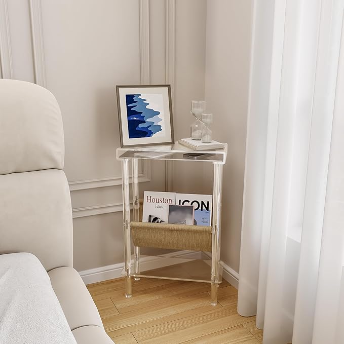 Eglaf Acrylic Narrow Side Table for Small Spaces - Slim End Table with Magazine Holder - Skinny Side Table Small Bedside Table Nightstand for Living Room Bedroom- 15.7” L x 7” W x 23.9” H, Clear-Ruum Studio Home