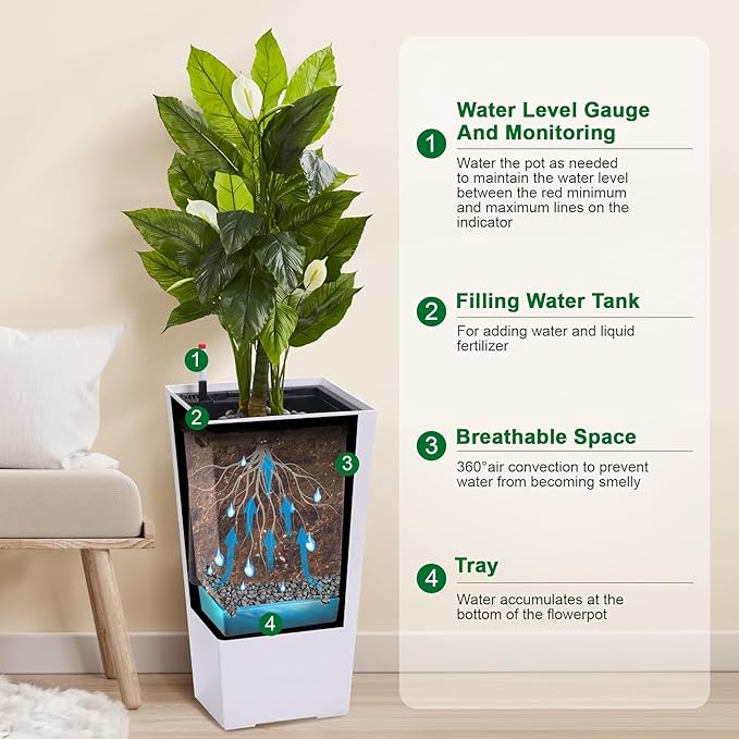 22.5" Tall Planters Set of 2, Outdoor＆Indoor Black Planter Pots, High Front Porch Planter Pots with Drainage Holes＆Water Level Monitor＆Inner Bucket, Automatic Watering, White-Ruum Studio Home