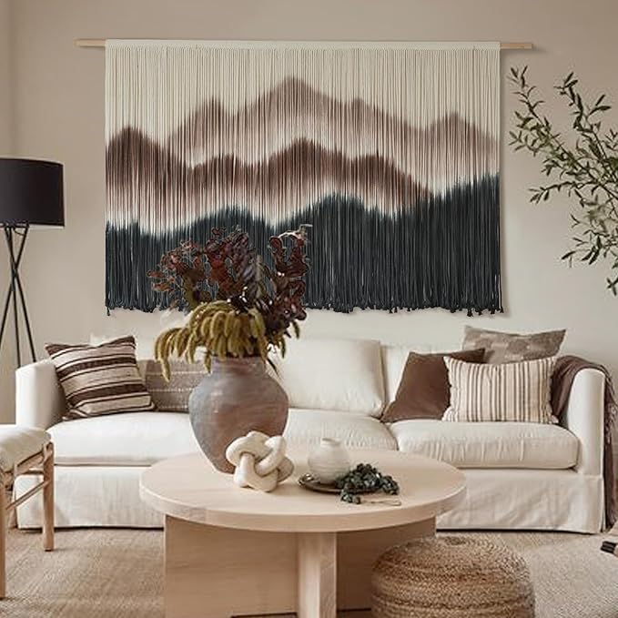 IOWER Macrame Wall Hanging 57" W x 35" L Brown Mountain Dip-Dyed Macrame Wall Decor Large Modern Fiber Art Boho Wall Decor-Ruum Studio Home