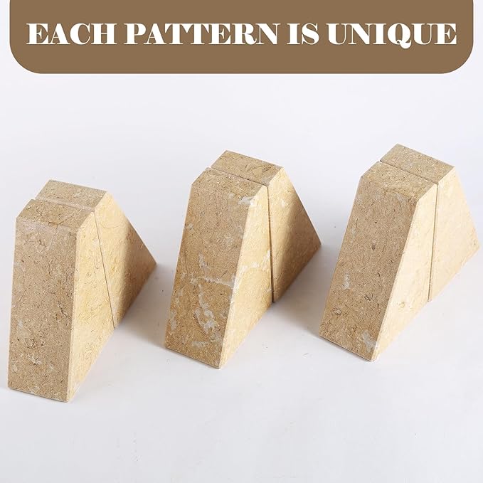 Marble Bookend for Heavy Books, Decorative Bookends for Shelves, Durable and Heavy-Duty Book End for Hardback Book & CDS, Unique Book Stopper & Holder, Pearlly Yellow, Set of 2-Ruum Studio Home