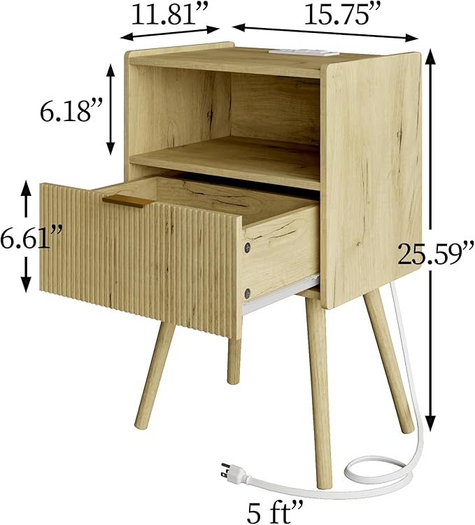 Nightstand,Modern Bedside Table with Storage Drawer and Open Wood Shelf, Accent Night Stand with Solid Wood Legs for Living Room, Bedroom and Small Spaces,Easy Assembly (Yellow Oak-Outlet)-Ruum Studio Home