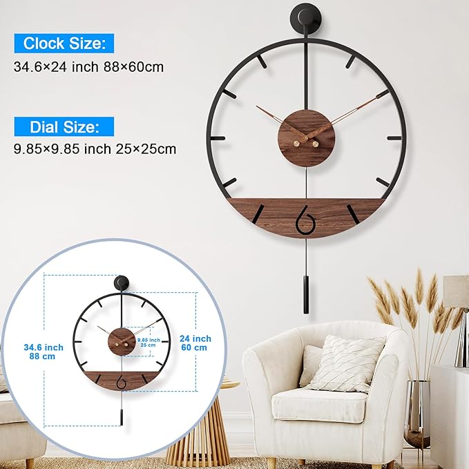 30.7×20 Inch Large Modern Decorative Pendulum Wall Clock,Big Metal Farmhouse Oversized Silent Wall Clocks Minimalist Elegant Walnut Dial Pointers for Living Room,Office,Dining Room Decor-Ruum Studio Home