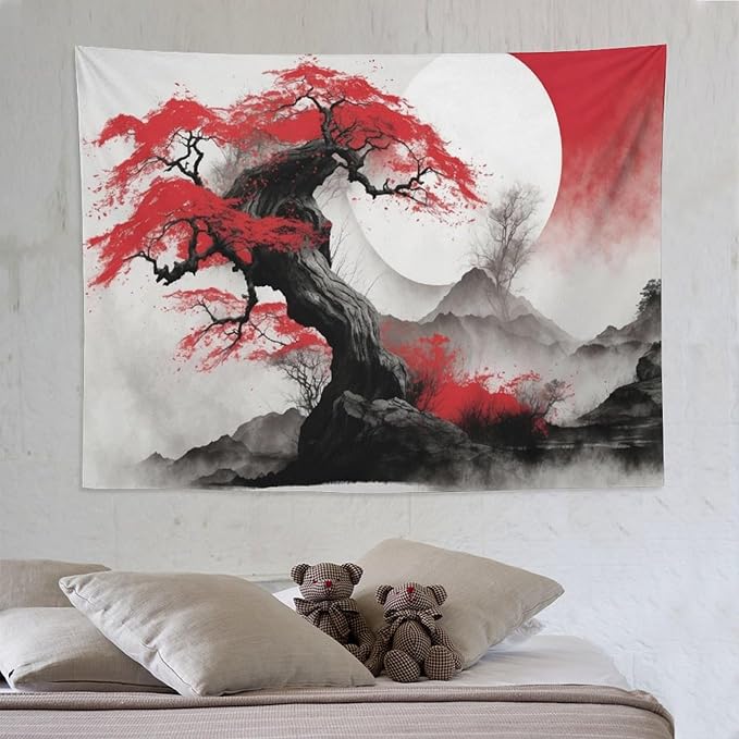Cherry Blossoms Tapestry,Japanese Red Landscape Asian Watercolor Abstract Art Tapestry,Japanese Wall Tapestry, Nature Landscape Tapestries for Bedroom Living Room Decor 80"x60"-Ruum Studio Home