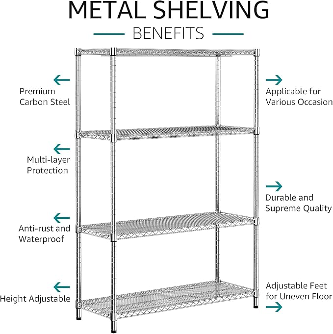 IZEUK 3400 LBS Garage Shelving Wide Storage Shelves 4 Tier Metal Shelves Heavy Duty Adjustable Utility Shelf Rack Chrome 17.7" D x 59.1" W x 70.4" H-Ruum Studio Home