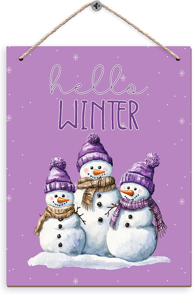 Purple Hello Winter Snowman Hanging Wooden Signs 10x8, Snowman Winter Signs, Winter Door Sign, Purple Snowman Winter Snowflakes Home Room Office Hanging Wall Decor-Ruum Studio Home