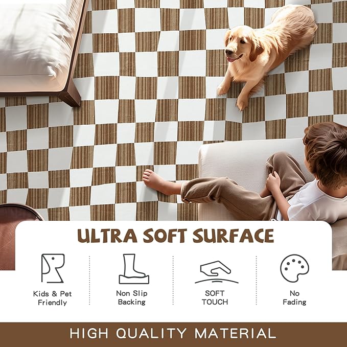 jinchan 2x3 Kids Area Rug Washable Indoor Entryway Doormat Modern Checkered Geometric Lattice Small Rug Non Slip Soft Carpet for Nursery Room Bedroom Bathroom Home Brown-Ruum Studio Home