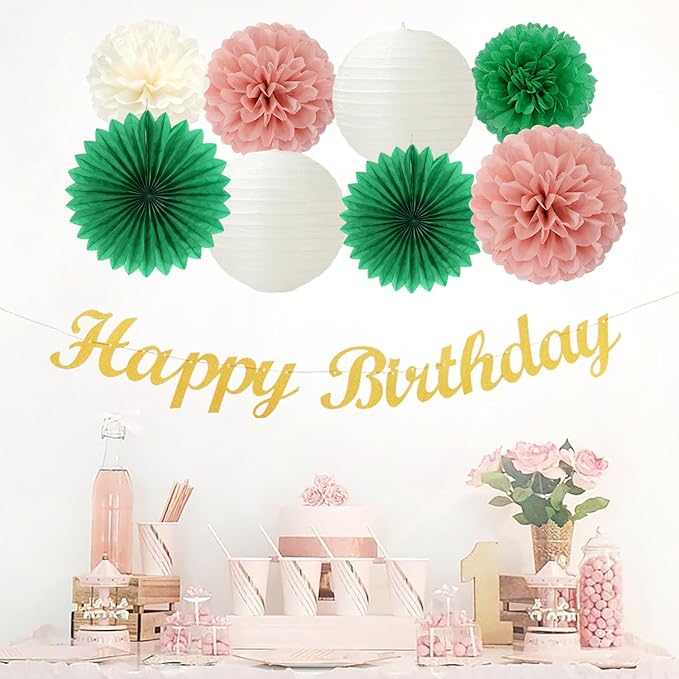 Sage-Green Pink Birthday Party-Decorations Paper-Flowers - 14pcs Happy Banner Spring Lanterns Tissue Pom Poms,Boho Streamers Garland Fans,Neutral Rustic Garden Office Hanging Supplies Decor Hugfond-Ruum Studio Home