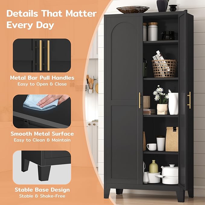 70.87" H Metal Kitchen Pantry Cabinet, Freestanding Cupboard with 2 Doors and 4 Adjustable Shelves, Tall Metal Storage Cabinet for Kitchen, Bathroom, Dinning Room or Laundry Room （Black）-Ruum Studio Home