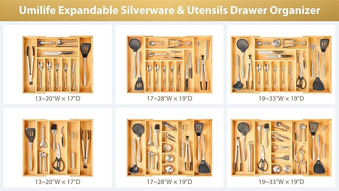 Umilife Large Expandable Kitchen Silverware Utensils Drawer Organizer, 2.5" Extra High Adjustable Drawer Divider with Curved Grooves, Bamboo Wood Cutlery Tray Flatware Holder-Ruum Studio Home