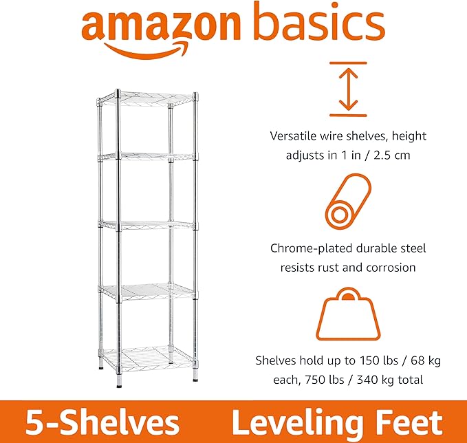 Amazon Basics 5-Shelf Tower Adjustable Storage Shelving Unit, Chrome, 16 D x 16 W x 54 H in-Ruum Studio Home
