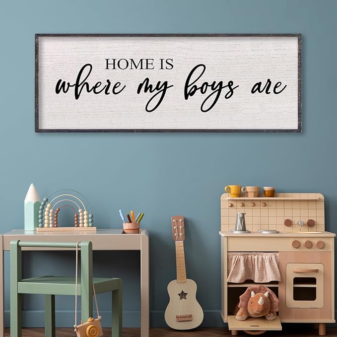 Home Is Where My Boys Are Wall Decor 32"×12" mom and her boys Sign for boys room Playroom Large Wood Framed Wall Hanging Art (Black)-Ruum Studio Home