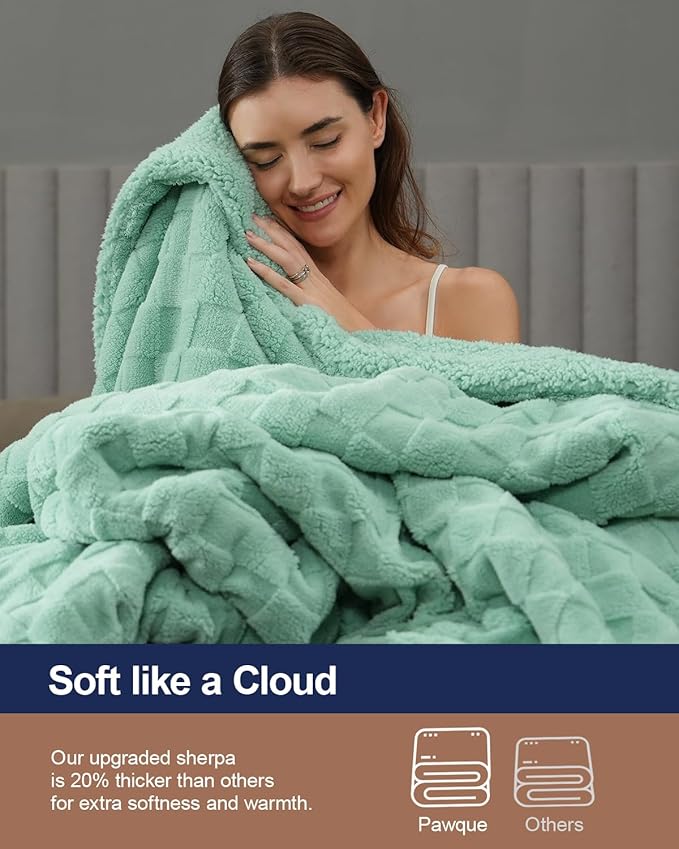 Pawque Super Soft Cozy Throw Blanket Queen Size for Couch Bed, Fluffy Sherpa Fleece Reversible Thick Warm Fuzzy Blanket for All-Season, 3D Checkered Jacquard Decorative Blankets, Sage Green, 90"x90"-Ruum Studio Home
