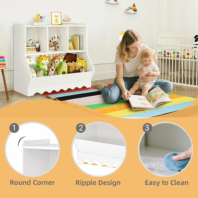 Wood Kid Storage Cubby, Toy Storage Organizer with Bookshelf, 32"L x 15"D x 31"H Montessori Toy Shelf, Nursery Book Shelves, Wooden 4-Cubby Children Book Shelf for Playroom Classroom, White-Ruum Studio Home