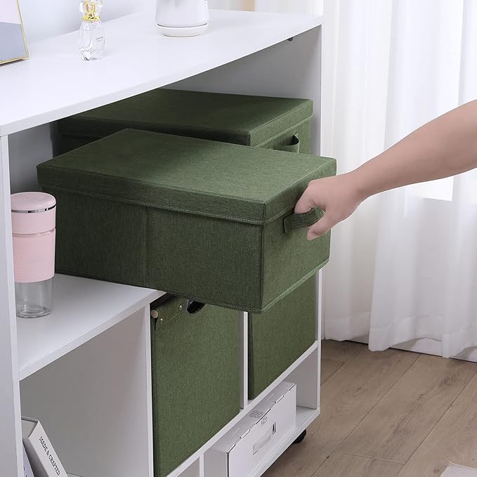 HOONEX Storage Bins with Lids for Organizing, Pack of 2, Storage Boxes with 2 Carrying Handles and Sturdy Heavy Cardboard, 16.5" L x 11.8" W x 7.5" H for Shoes, Books, Clothes, Olive-Ruum Studio Home