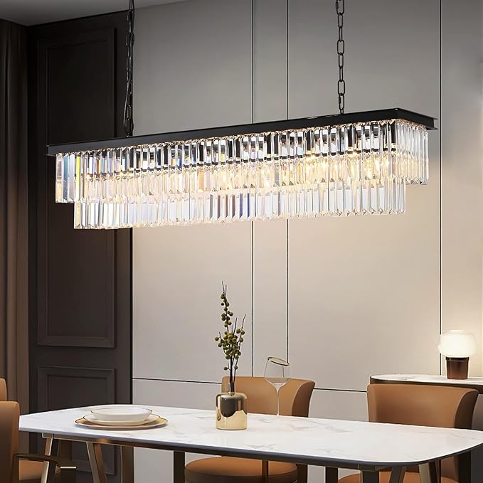 Rectangle Crystal Chandelier Black Modern Linear Chandelier Contemporary Pendant Light Fixture 8-Light Hanging Ceiling Light for Dining Room Living Room Kitchen Bedroom Foyer 47''-Ruum Studio Home