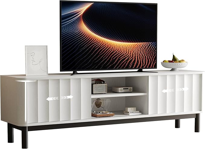 White Mid Century Modern TV Stand, Wood Fluted Living Room TV Stands with Storage Sliding Doors, Desert-Inspired Design MCM Entertainment Center for 55 60 65 70 75 55+ 60+ 65+ 70+ Inch-Ruum Studio Home