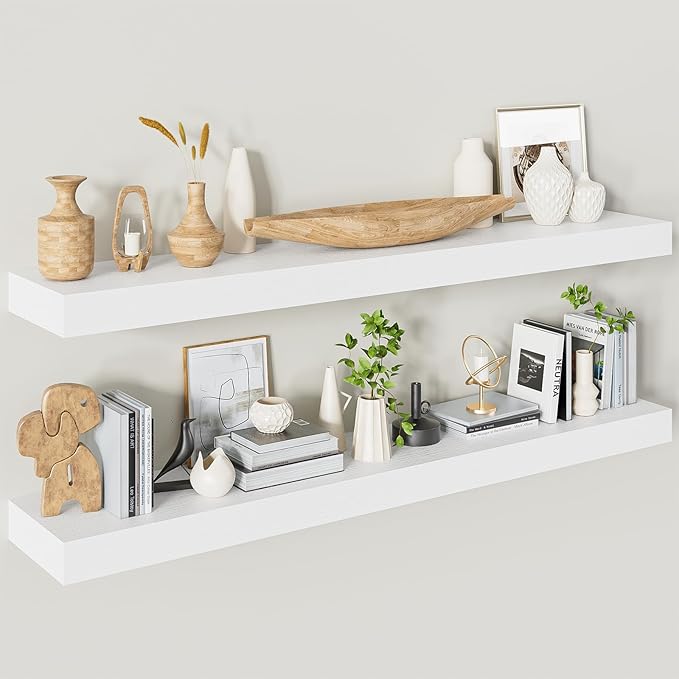 Heimlove Floating Shelves for Wall 48 Inches Long,9.3" Deep White Floating Shelf Set of 2,Wall Mounted Shelves for Bathroom Bedroom Living Room Kitchen Office,Shelf for Books Storage Room Decor-Ruum Studio Home
