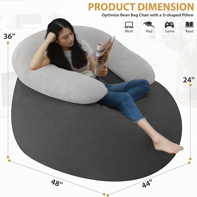 HABUTWAY Bean Bag Chair with U-shaped Pillow for Adult and Kids Big BeanBag Chair with Filling Ultra Soft Faux Fur Couch Chair with Washable Cover for Living Room Bedroom Office, Dark Grey& Light Grey-Ruum Studio Home