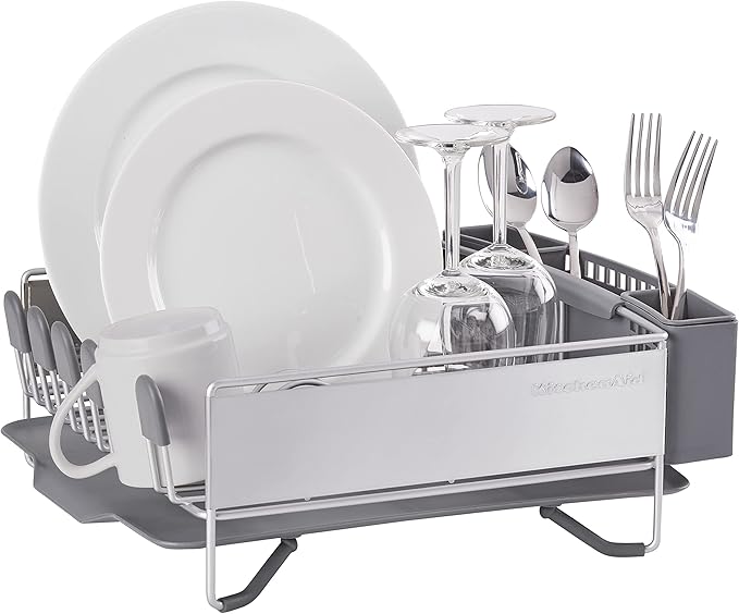 KitchenAid Compact Space Saving, Dish Rack with Removable Flatware Caddy and Angled Self Draining Drainboard, Satin Gray, 15-Inch-by-13.25-Inch-Ruum Studio Home