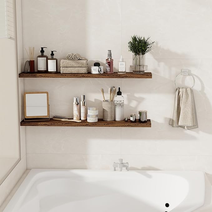 Floating Shelves for Wall, 40 Inch Floating Shelves for Home Decor, Wall Mounted Rustic Wood Shelves, Bathroom, Hanging Deep Shelf for Bedroom, Living Room, Kitchen (Rustic Brown, Set of 2)-Ruum Studio Home