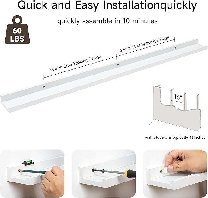 Fun Memories Picture Ledge Shelf, 48 Inch Floating Shelves Set of 2, Large Nursery Book Shelves for Toys Storage, Kids Bookshelf Wall Mounted for Wall Decor Books Photo Frames, White-Ruum Studio Home