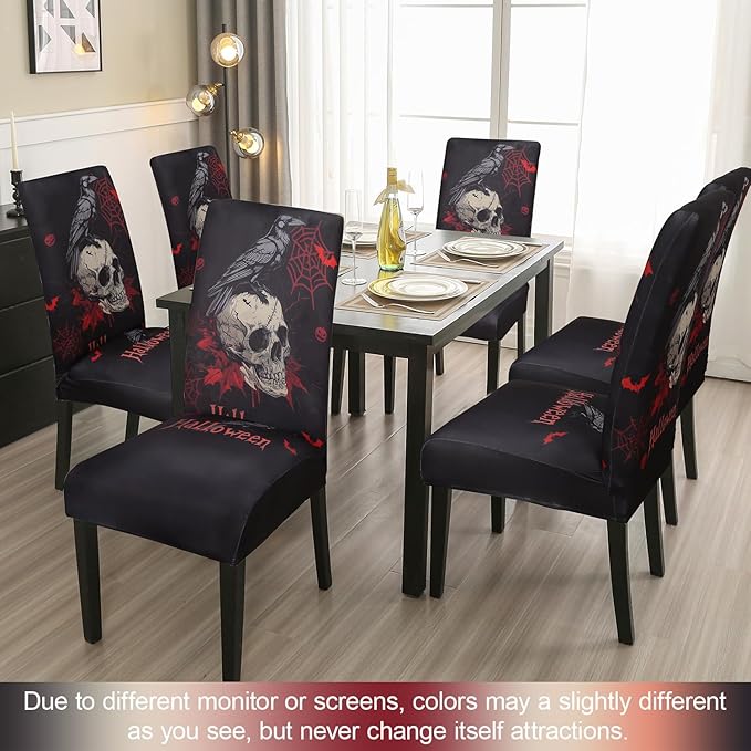JQinHome Black Halloween Chair Slipcover,Skull Chair Covers Set of 6, High Stretch Washable Chair Protector Cover for Dining Room, Kitchen,Home Party,Wedding Ceremony(Skull Black,6PC)-Ruum Studio Home