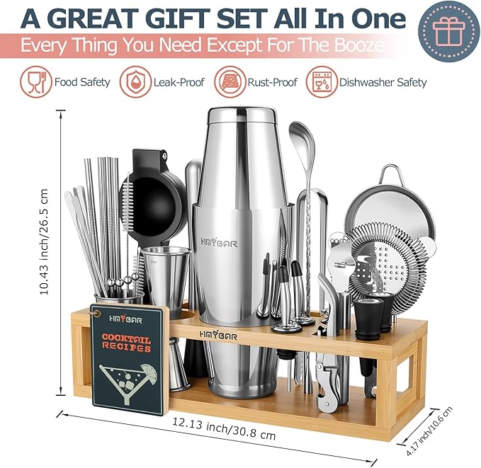 HMYBAR® Mixology Bartender kit | Cocktail Shaker Set | Boston Shaker Set, 20/28 OZ | Martini Making Set for Home Bar.Total 31 pcs incl 39-Recipe Cocktail Cards. Silver Tools. Bamb Stand Natural Color-Ruum Studio Home