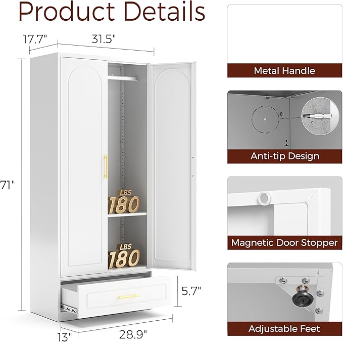Metal Armoire Wardrobe Closet with 2 Doors, 71" Tall Wardrobe Cabinet with Hanging Rod, Drawers and Adjustable Shelves, White Clothing Storage Cabinets for Bedroom, Home Office-Ruum Studio Home