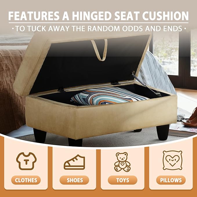 Ottoman Rectangular Storage Ottoman Bench, Flannel Footrest Stool Footstool with Lid for Living Room, Bedroom, Entryway, Light Brown, 28.5"x19"x17.5"-Ruum Studio Home